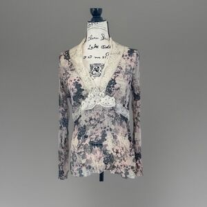 Karen Kane Floral Silk Lace Trim Long Sleeve Top Blouse‎ Size L